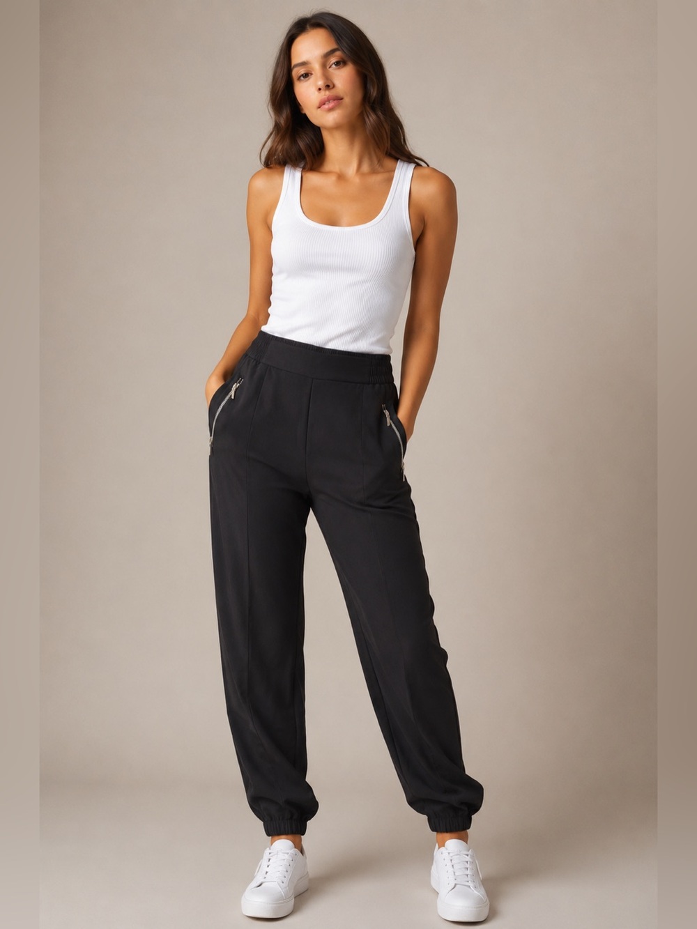 Sierra Sky Black Jogger Pants Size Large Elastic Waist Zip Pocket Tapered Ankle